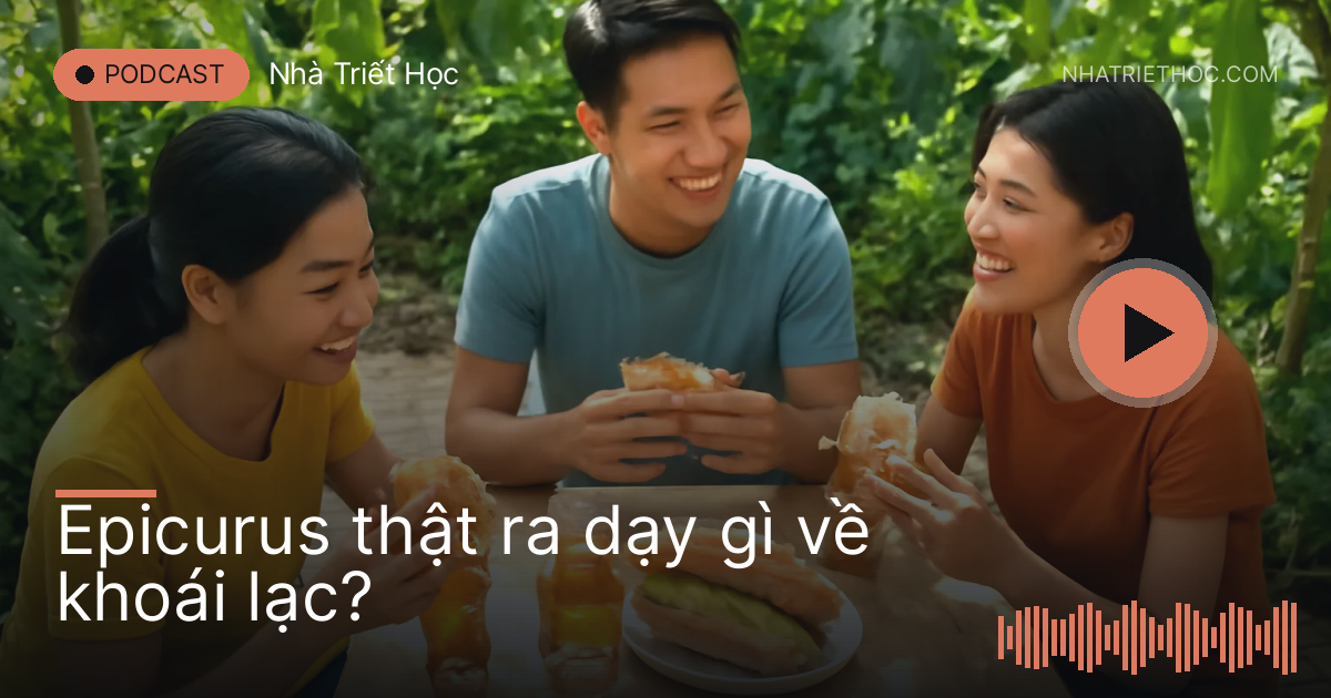 Ba người bạn ăn bánh mì và uống trà đá dưới giàn bầu sân vườn