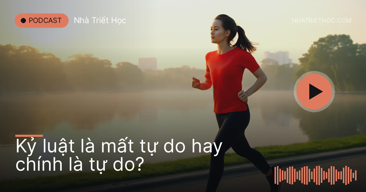 Nữ vận động viên chạy bộ một mình ven hồ lúc trời còn sương