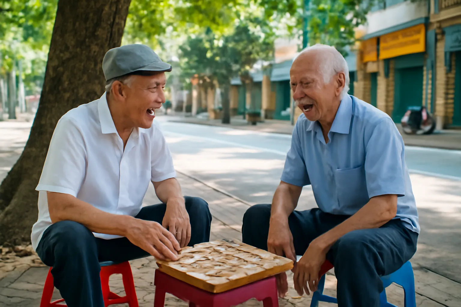 Hai ông bạn già đánh cờ tướng dưới gốc cây vỉa hè Hà Nội