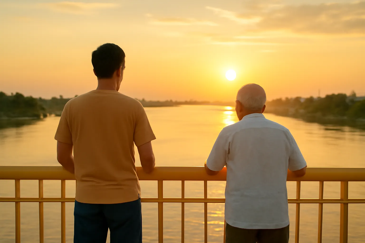 Chàng trai trẻ và ông cụ đứng song song bên lan can cầu nhìn sông