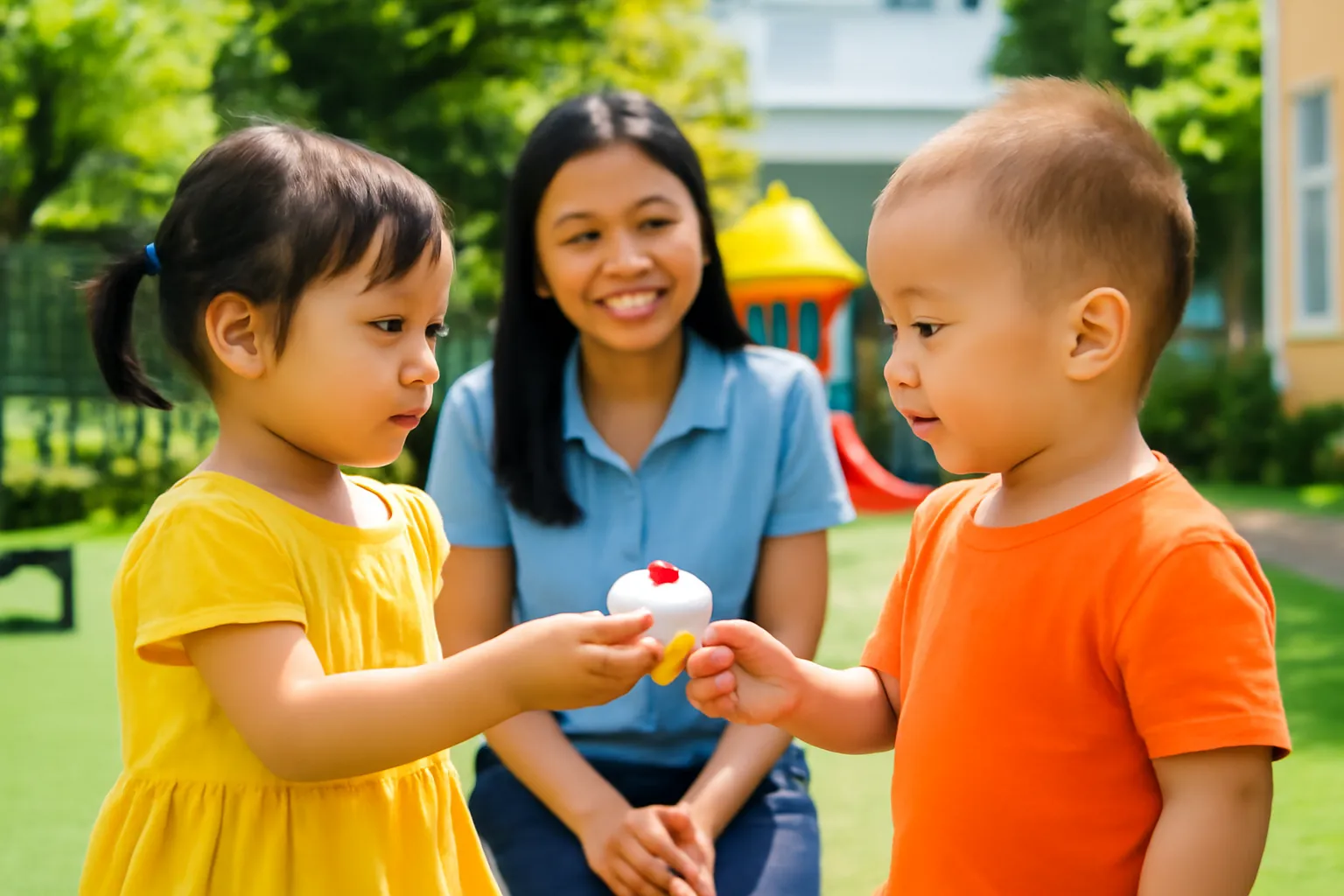 Em bé chập chững đưa chiếc bánh cho bạn nhỏ ở sân nhà trẻ