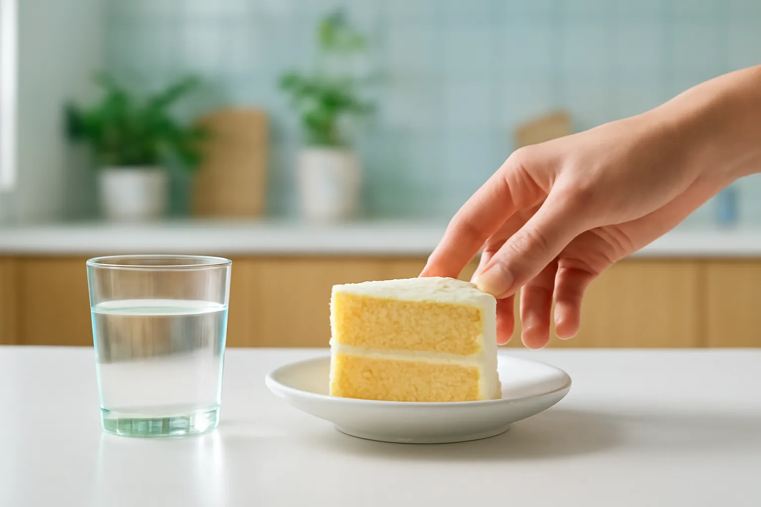 Bàn tay cầm đĩa bánh ngọt dừng lưng chừng trong bếp