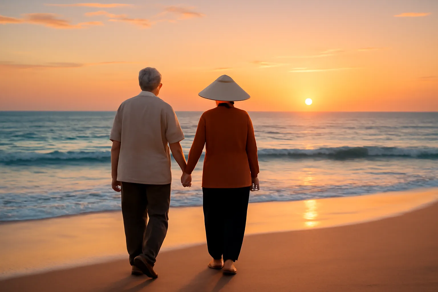 Đôi vợ chồng già nắm tay đi dạo bờ biển lúc hoàng hôn