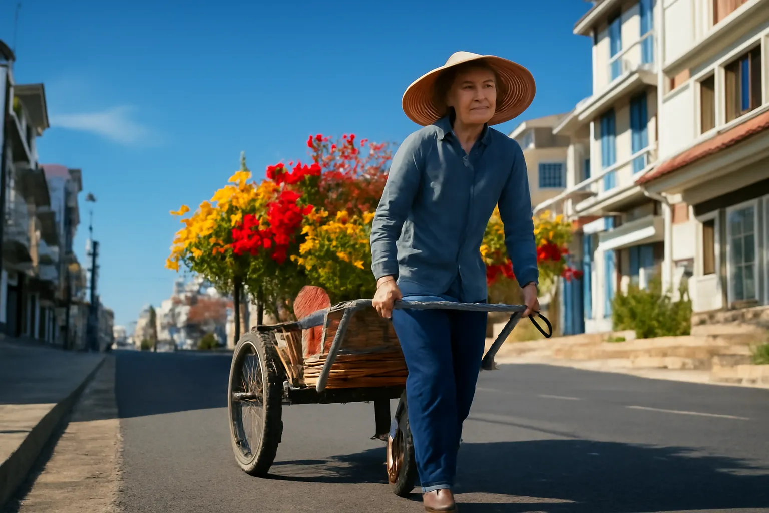 Người phụ nữ đẩy xe hàng rong lên con dốc phố buổi sáng