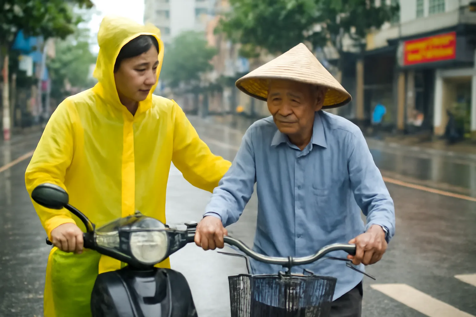 Chàng trai dừng xe máy giúp cụ ông dắt xe đạp qua đường mưa