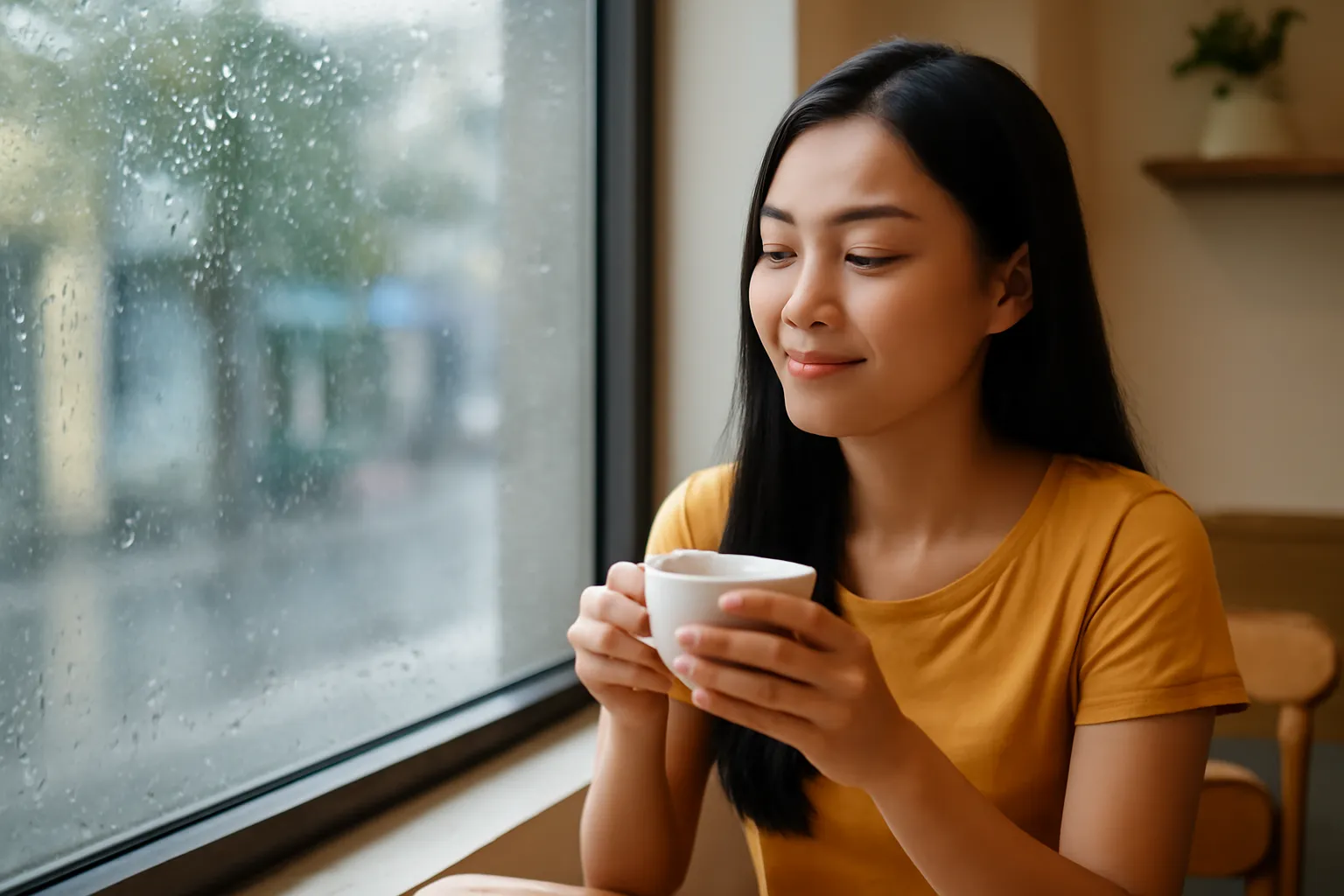 Cô gái ngồi một mình bên cửa sổ quán nhỏ ngày mưa với tách trà