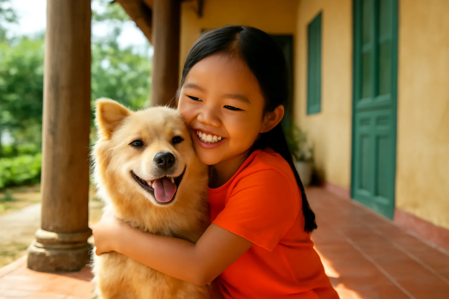 Cô bé ôm chú chó vàng lông xù ở hiên nhà quê