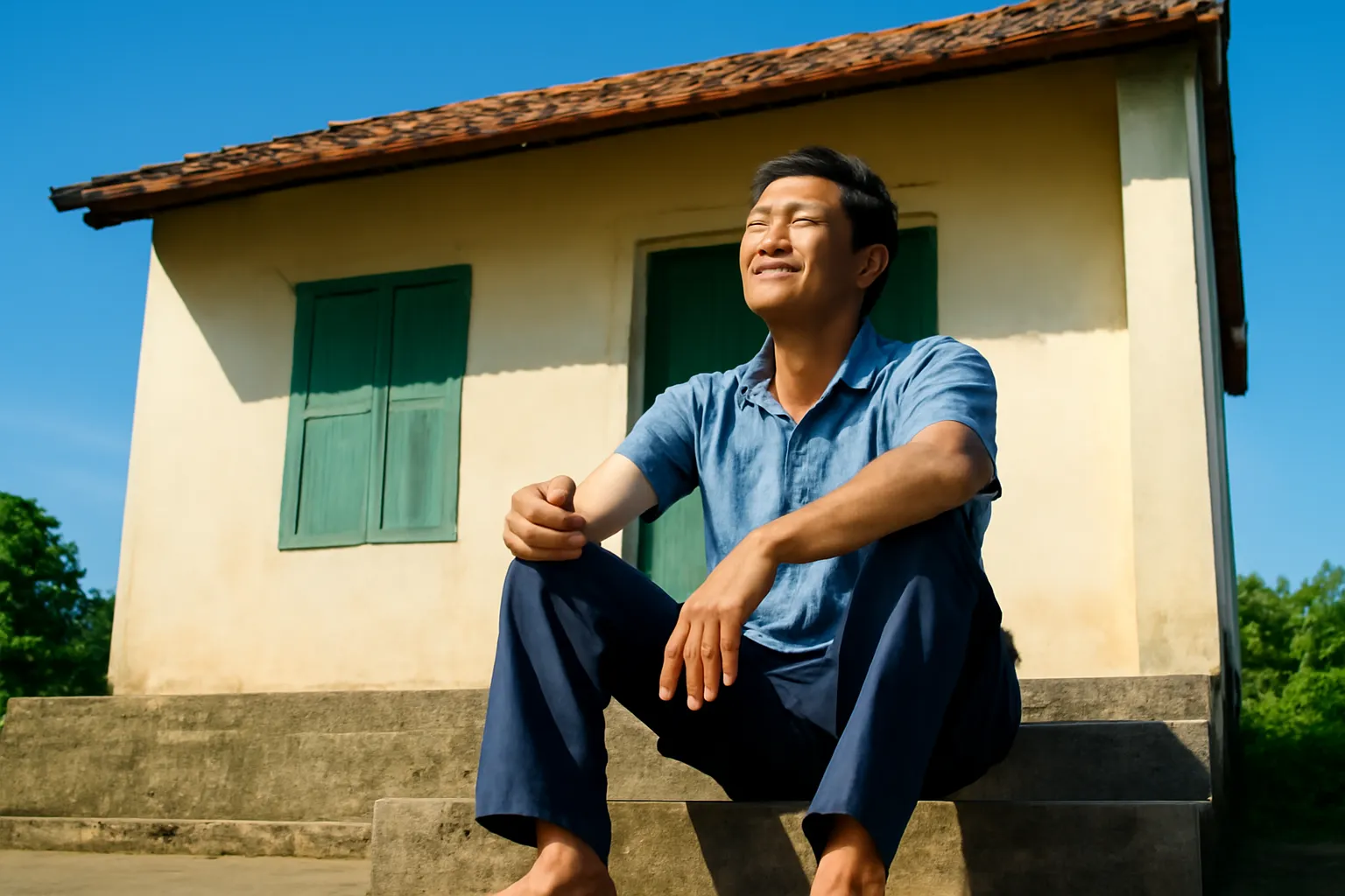 Người đàn ông ngồi phơi nắng trên bậc thềm đá trước căn nhà nhỏ