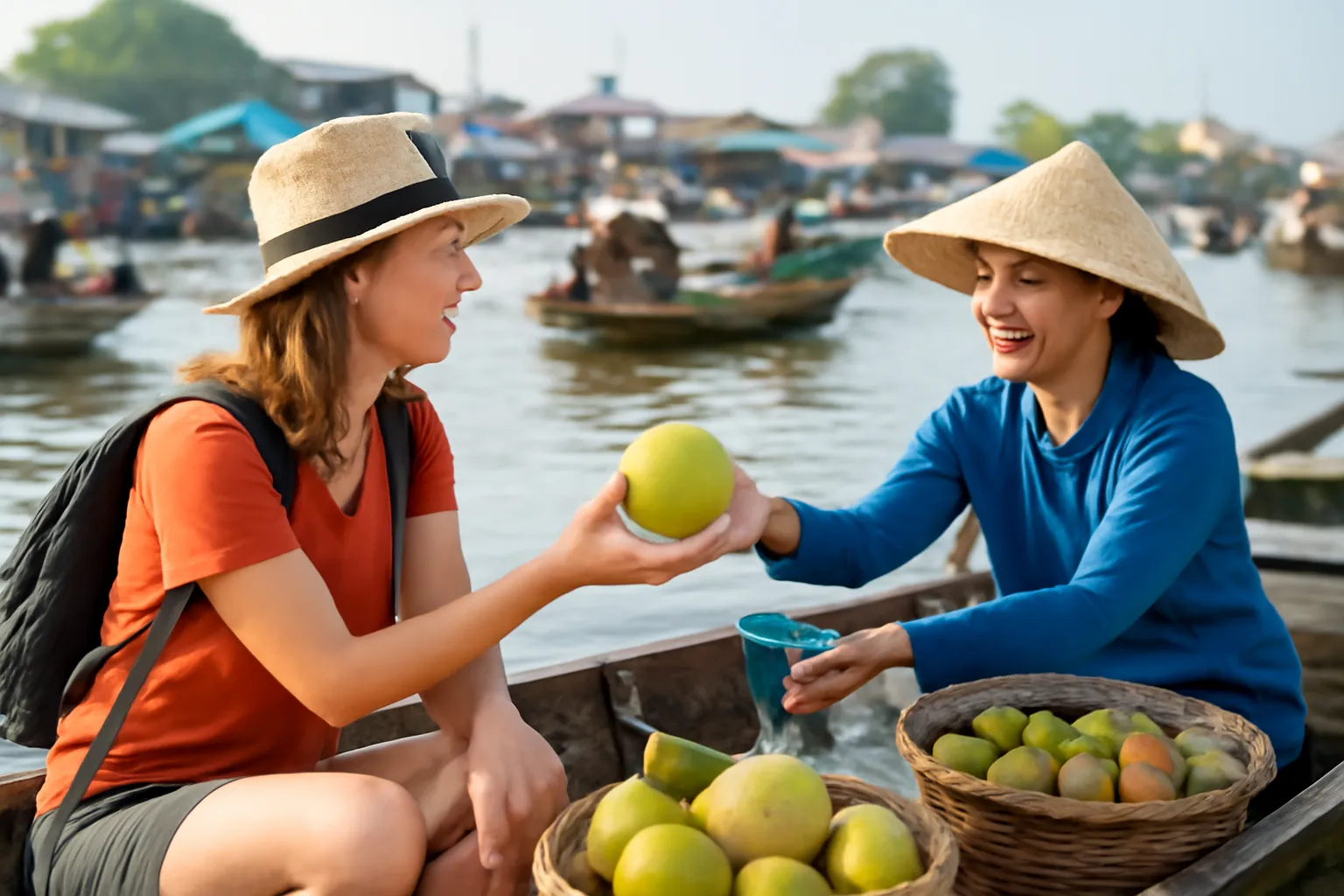 Du khách và người bán hàng trao đổi trên hai chiếc ghe ở chợ nổi