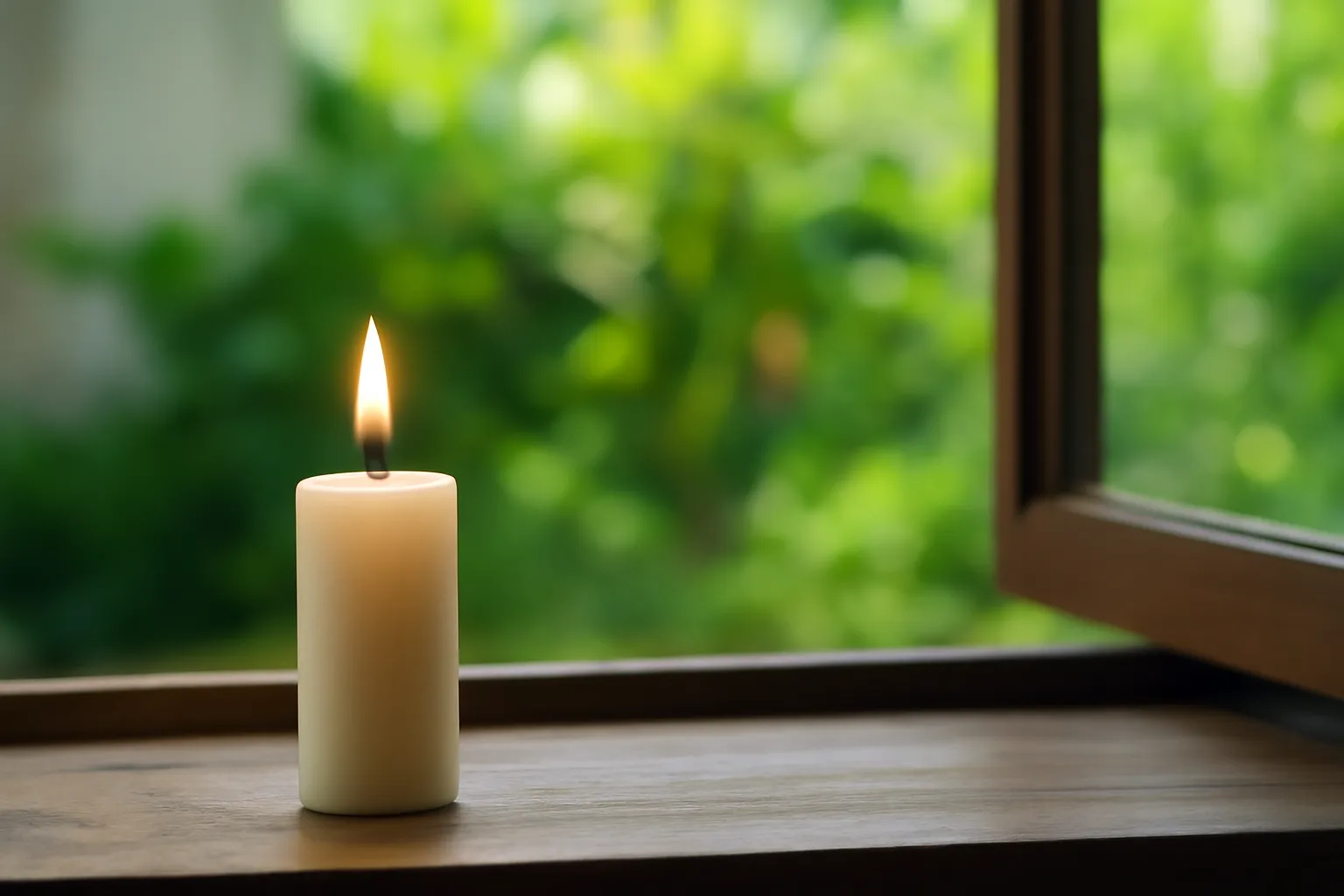 Ngọn nến cháy trên bàn gỗ cạnh cửa sổ mở ra vườn xanh