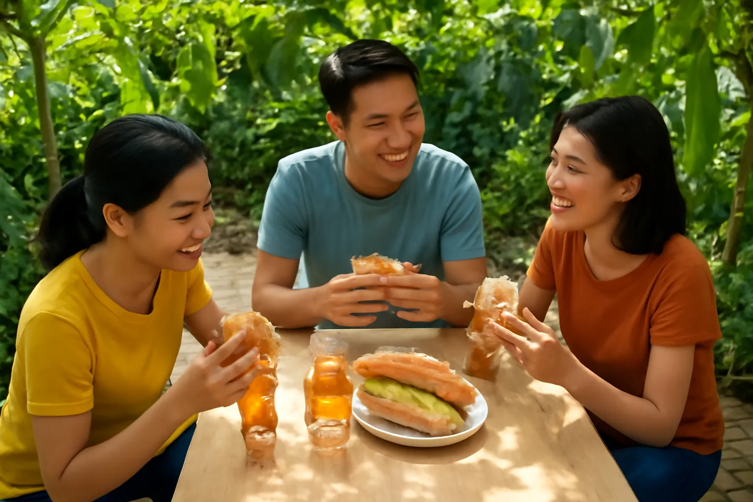 Ba người bạn ăn bánh mì và uống trà đá dưới giàn bầu sân vườn