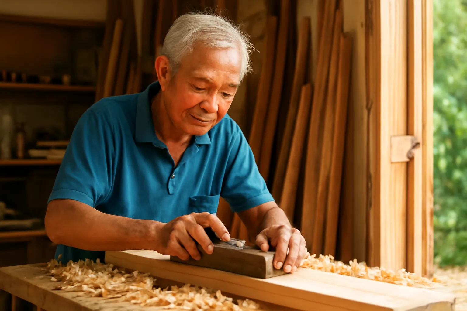 Thợ mộc già đang bào gỗ trong xưởng nhỏ đầy mùn cưa