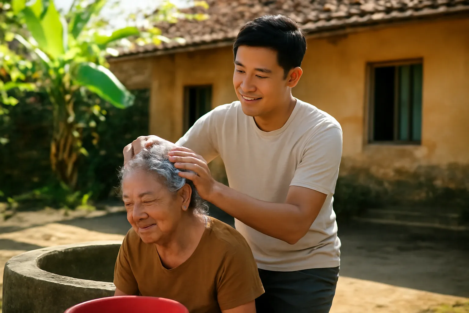Con trai trẻ gội đầu cho mẹ già bên giếng sân nhà
