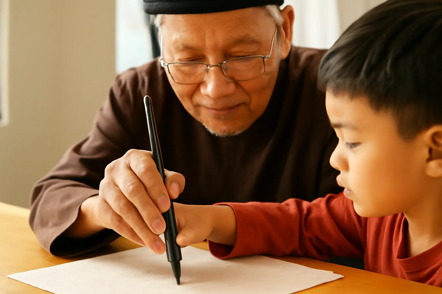 Thầy giáo già cầm tay học trò nhỏ viết thư pháp trên giấy dó