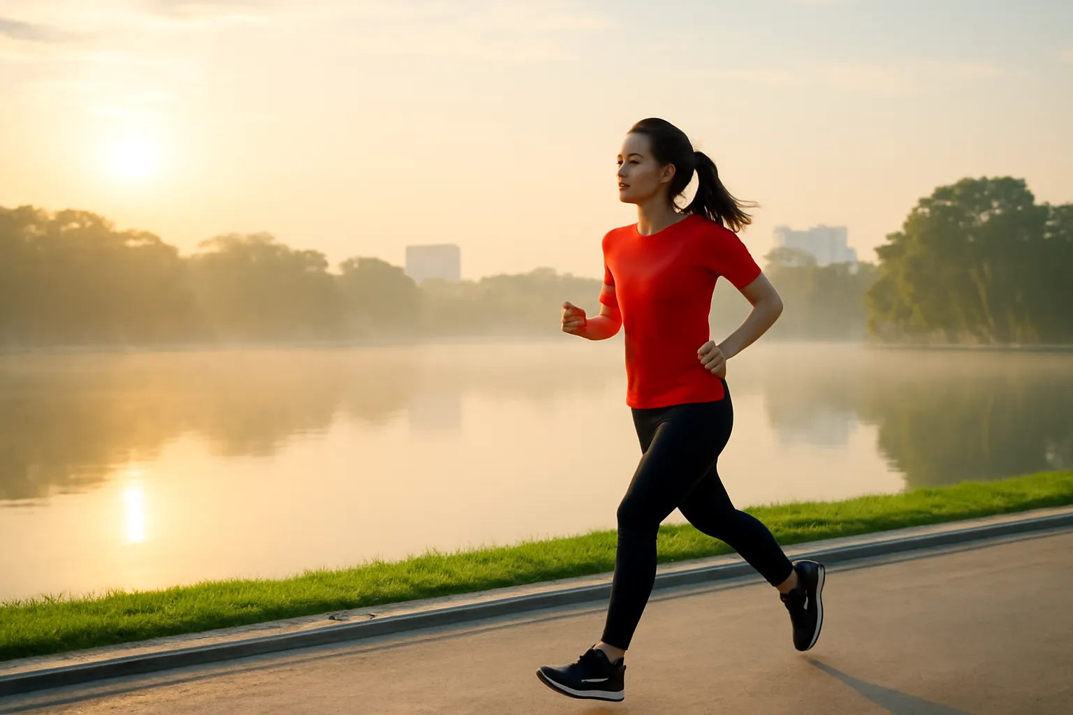 Nữ vận động viên chạy bộ một mình ven hồ lúc trời còn sương