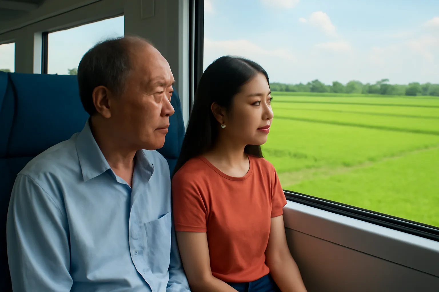 Hai người lạ ngồi cạnh nhau trên tàu hoả nhìn ra cửa sổ