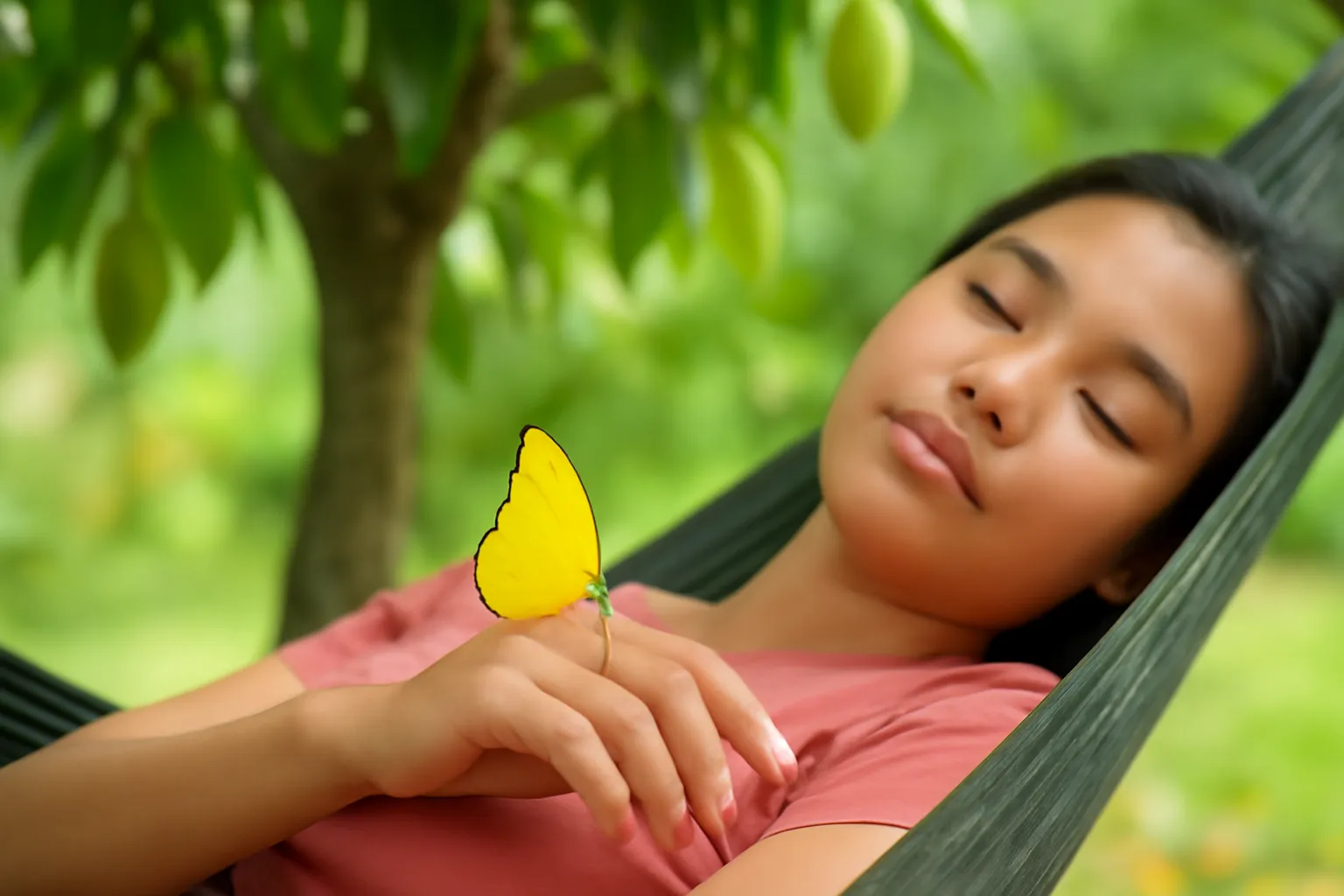 Con bướm vàng đậu trên bàn tay người đang ngủ trưa trên võng