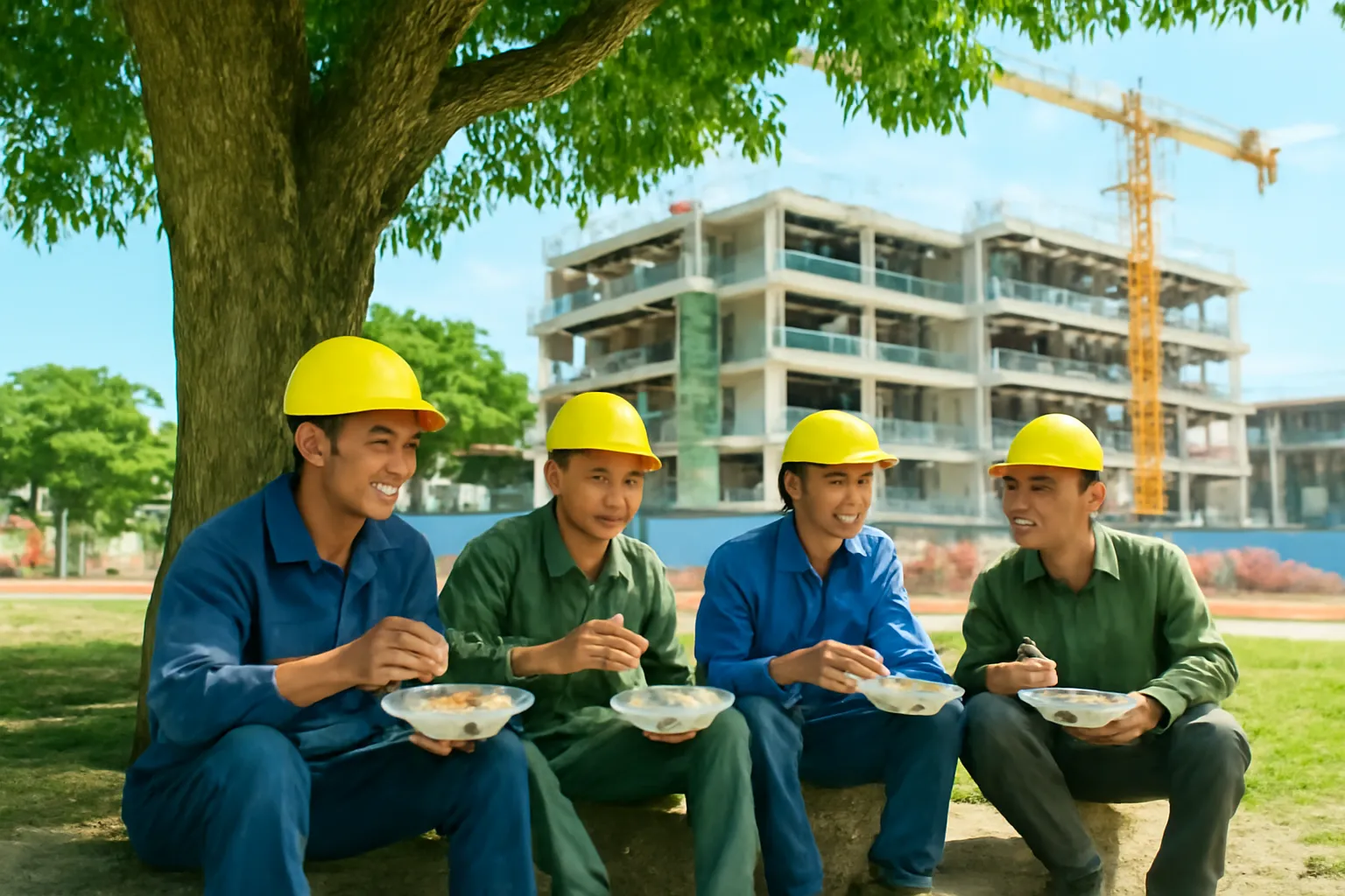 Công nhân ăn trưa nghỉ ngơi dưới bóng cây cạnh công trường