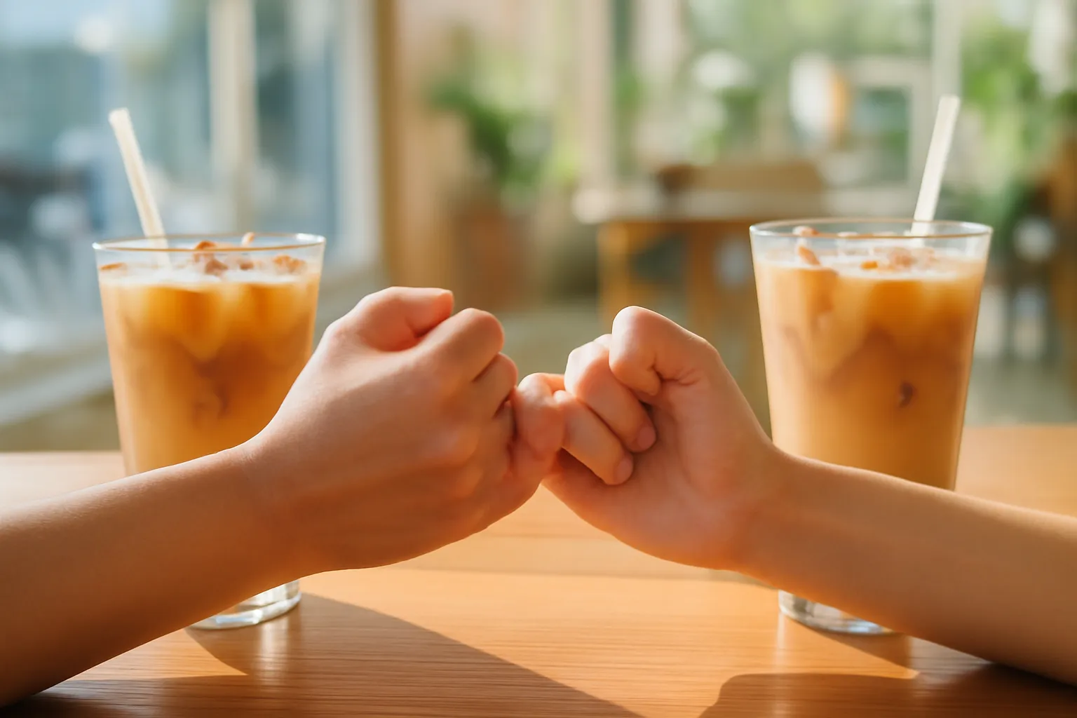 Hai bàn tay ngoắc ngón út trên bàn gỗ quán cà phê