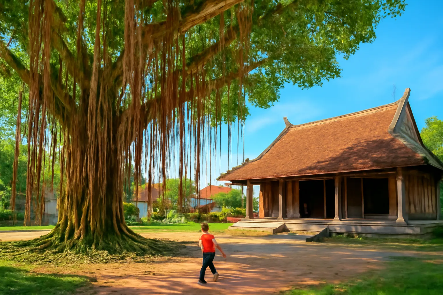 Cây đa cổ thụ bên đình làng, đứa trẻ chơi dưới gốc
