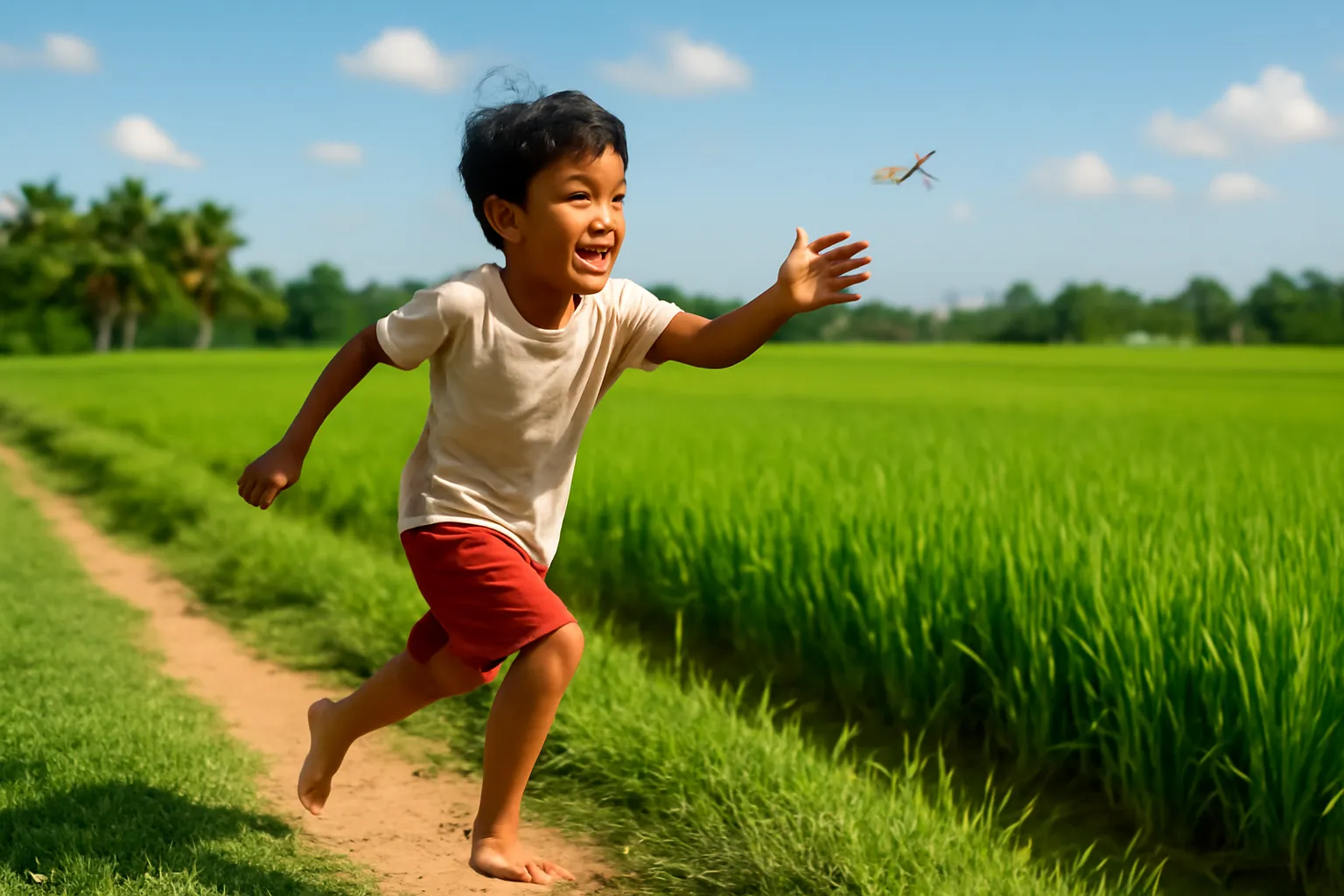 Cậu bé chạy đuổi theo con chuồn chuồn trên bờ ruộng xanh