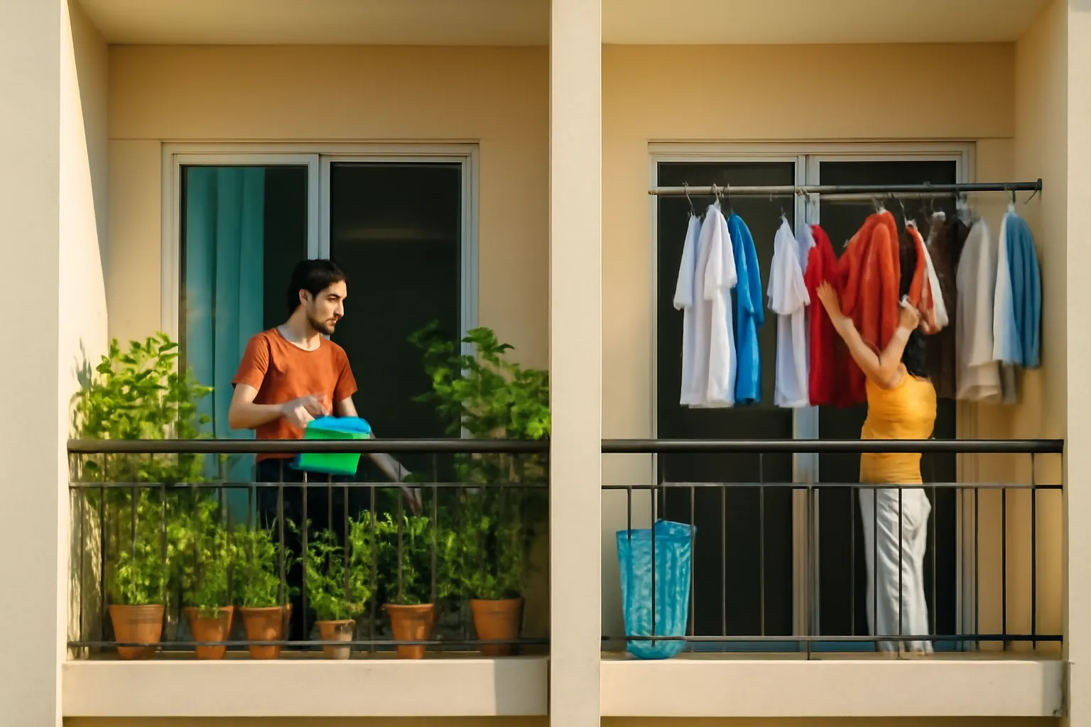 Hai ban công chung cư sát nhau, một người tưới cây, một người phơi đồ