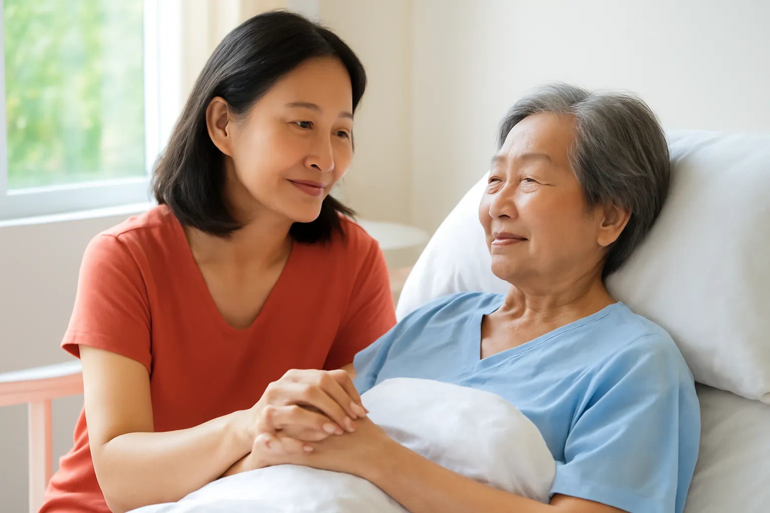 Con gái nắm tay mẹ già trên giường bệnh viện buổi sáng