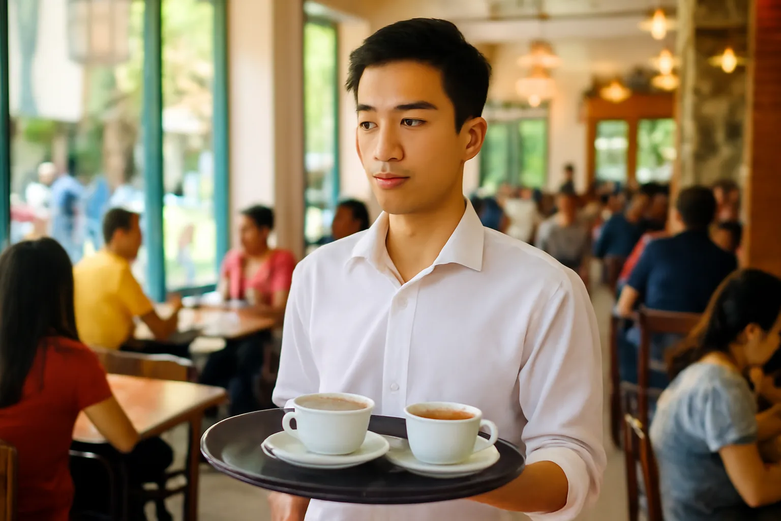Người phục vụ quán cà phê bưng khay giữa lối đi đông khách