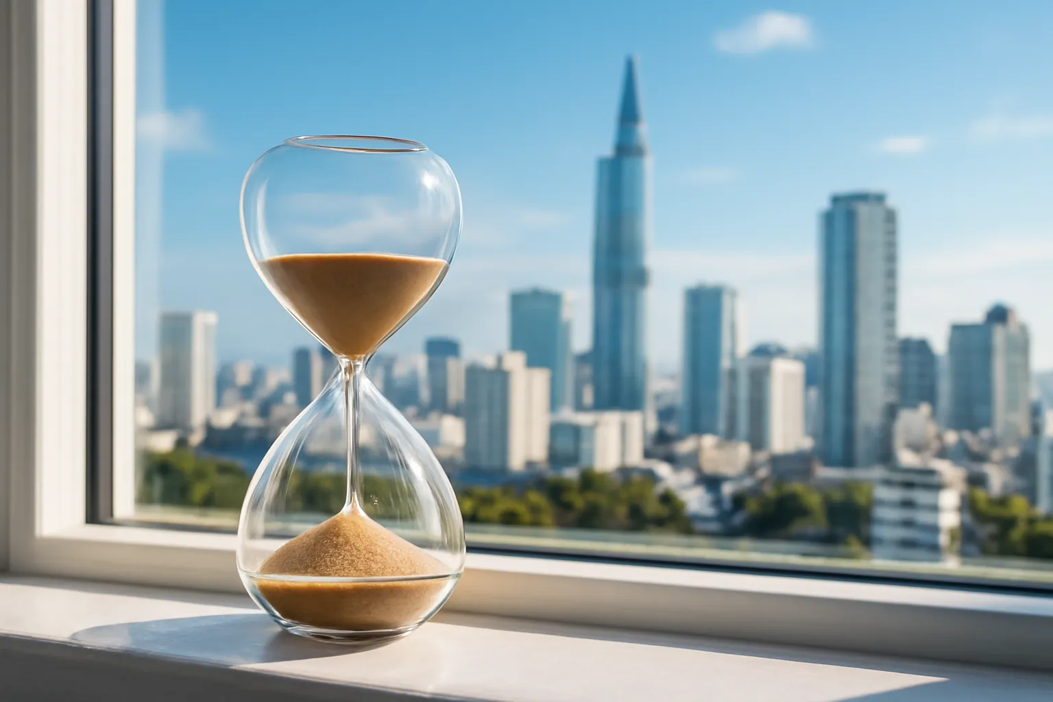Đồng hồ cát trên bậu cửa sổ nhìn ra thành phố sáng