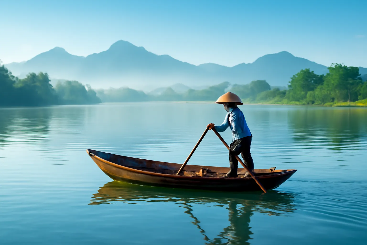 Người lái đò chống sào giữa dòng sông buổi sớm mai