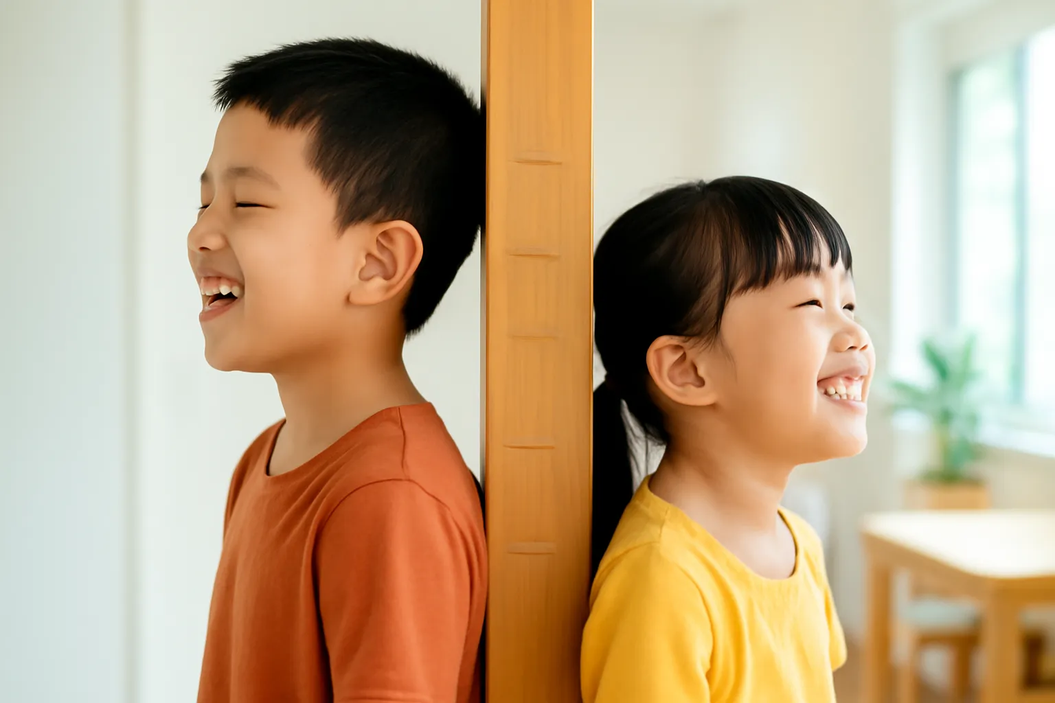 Hai bạn nhỏ đứng đo chiều cao cạnh khung cửa gỗ
