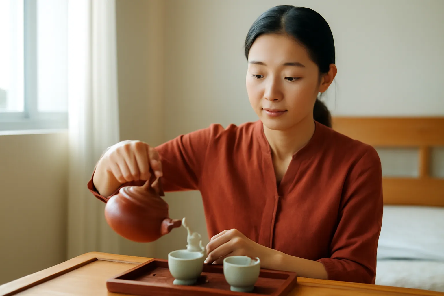 Người phụ nữ pha trà chậm rãi trên phản gỗ, hơi trà bốc lên