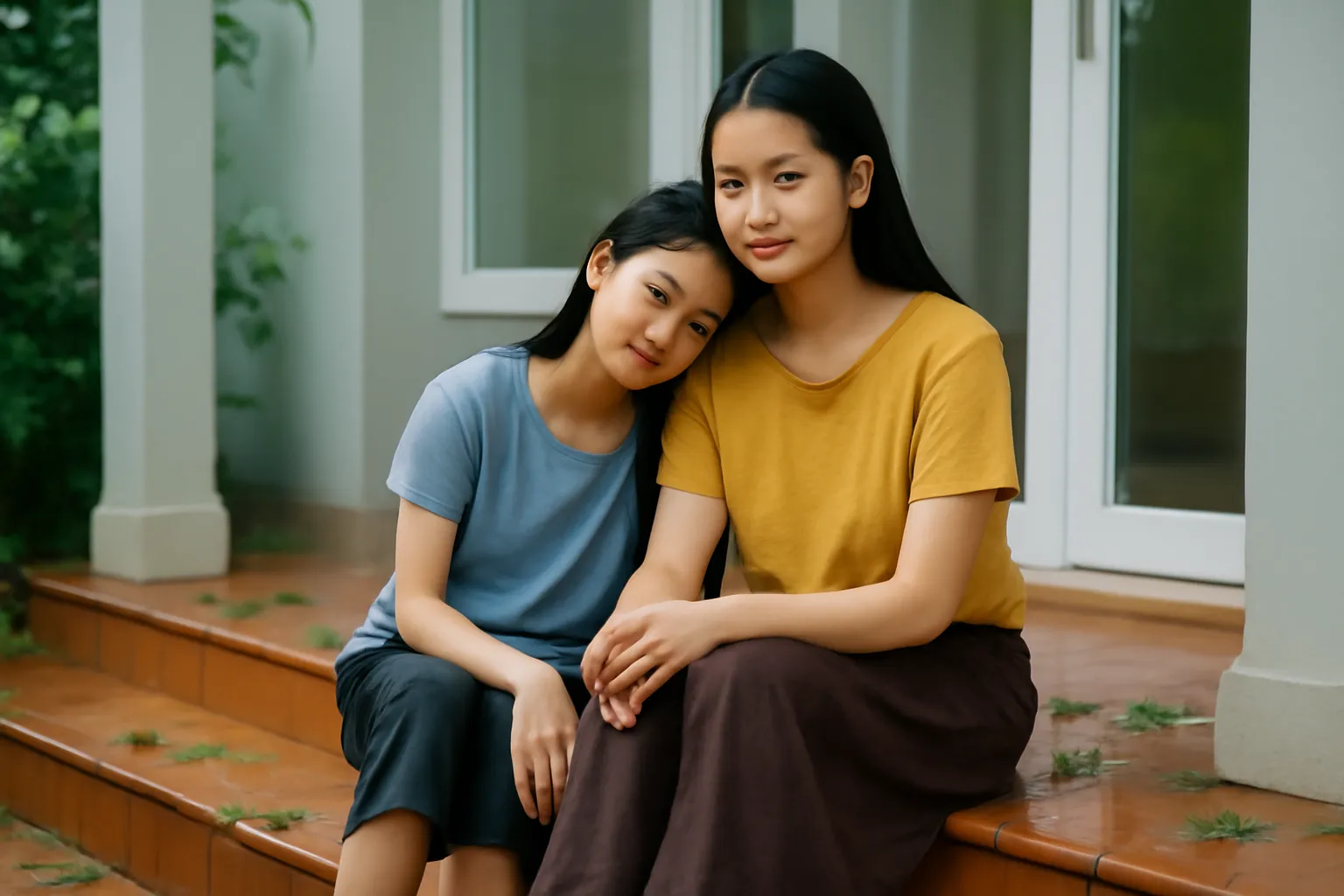 Hai chị em ngồi ôm nhau trên bậc thềm sau cơn mưa