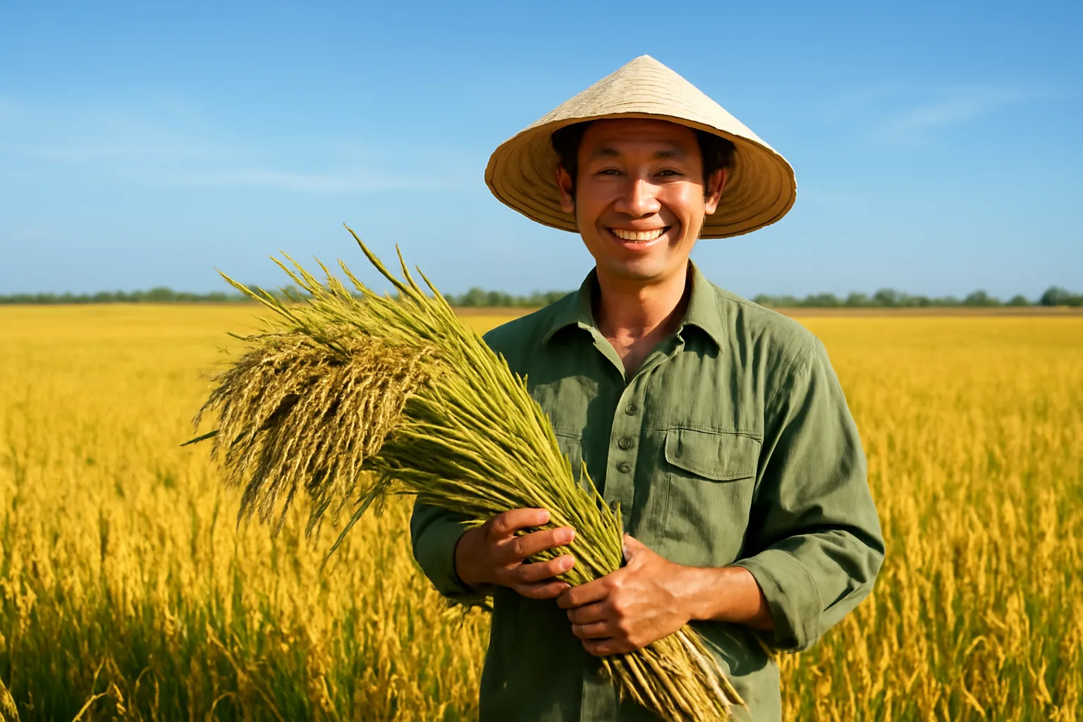 Người nông dân đứng giữa ruộng lúa chín cười, tay cầm bó lúa