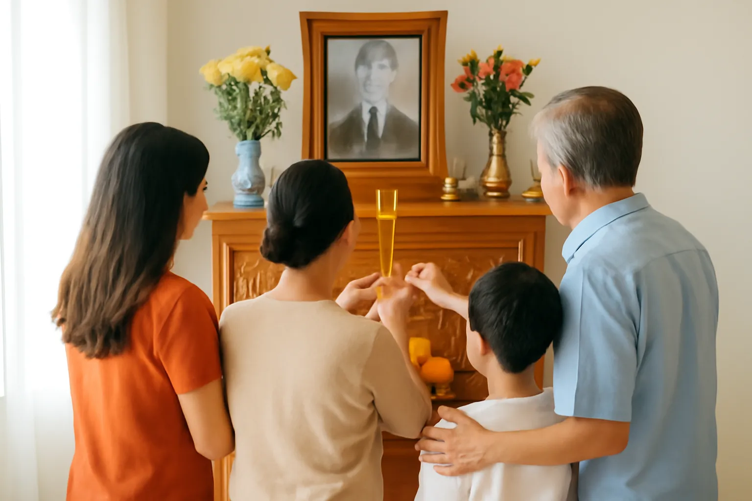 Gia đình ba thế hệ thắp nhang trước bàn thờ gỗ ngày giỗ