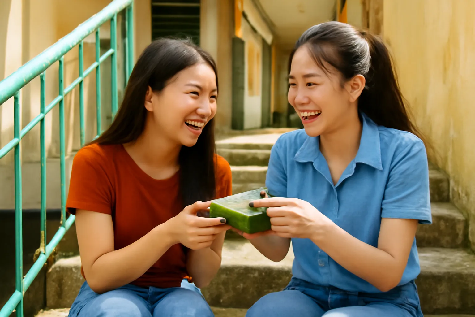 Hai người bạn chia nhau gói xôi trên bậc thang chung cư cũ
