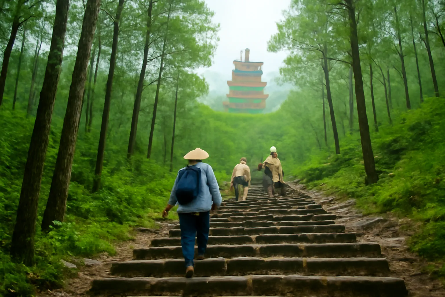 Đường đá lên chùa núi Yên Tử giữa rừng thông, người hành hương leo
