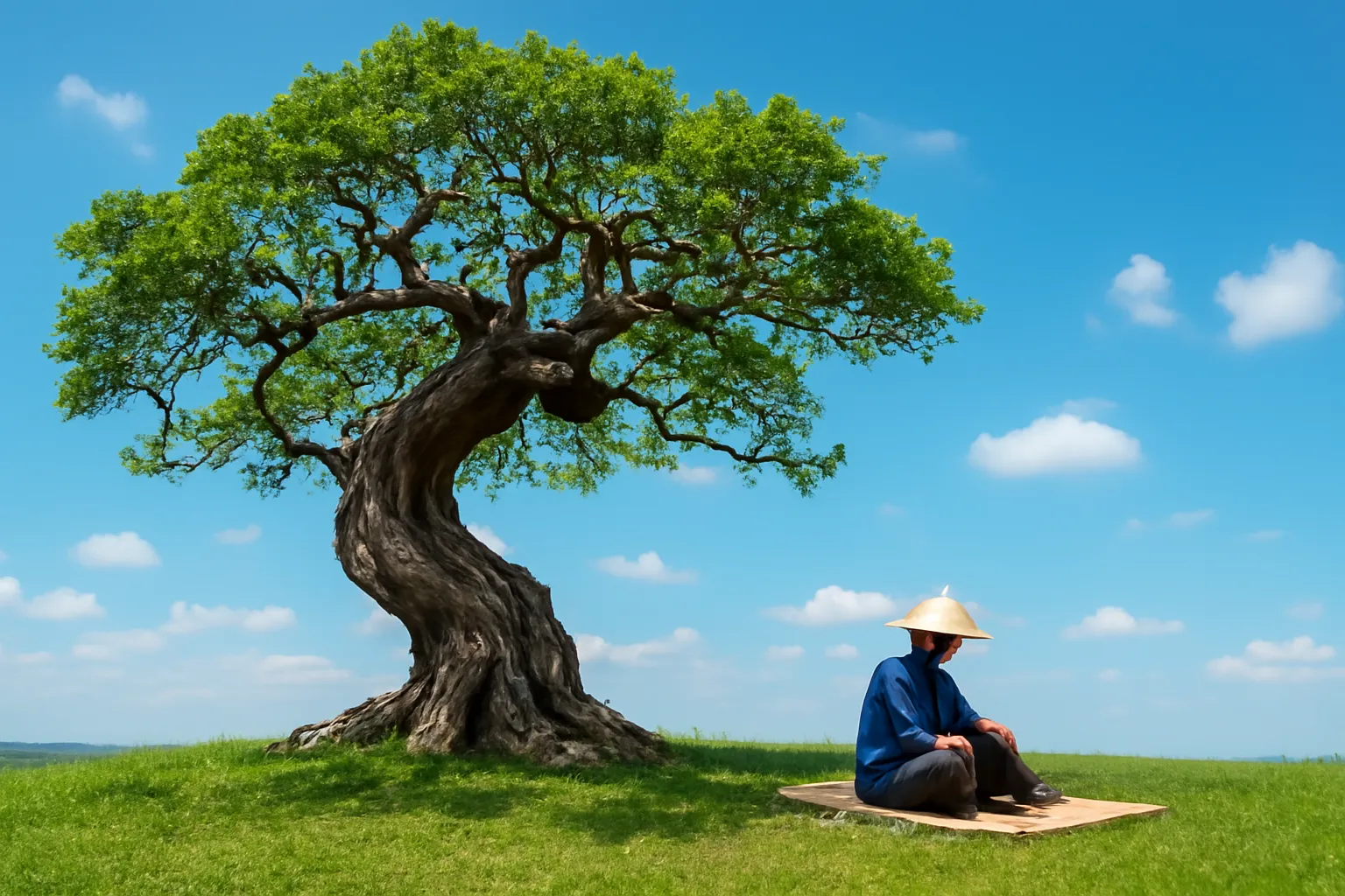 Cây cổ thụ cong queo giữa đồi, người nằm nghỉ dưới bóng cây