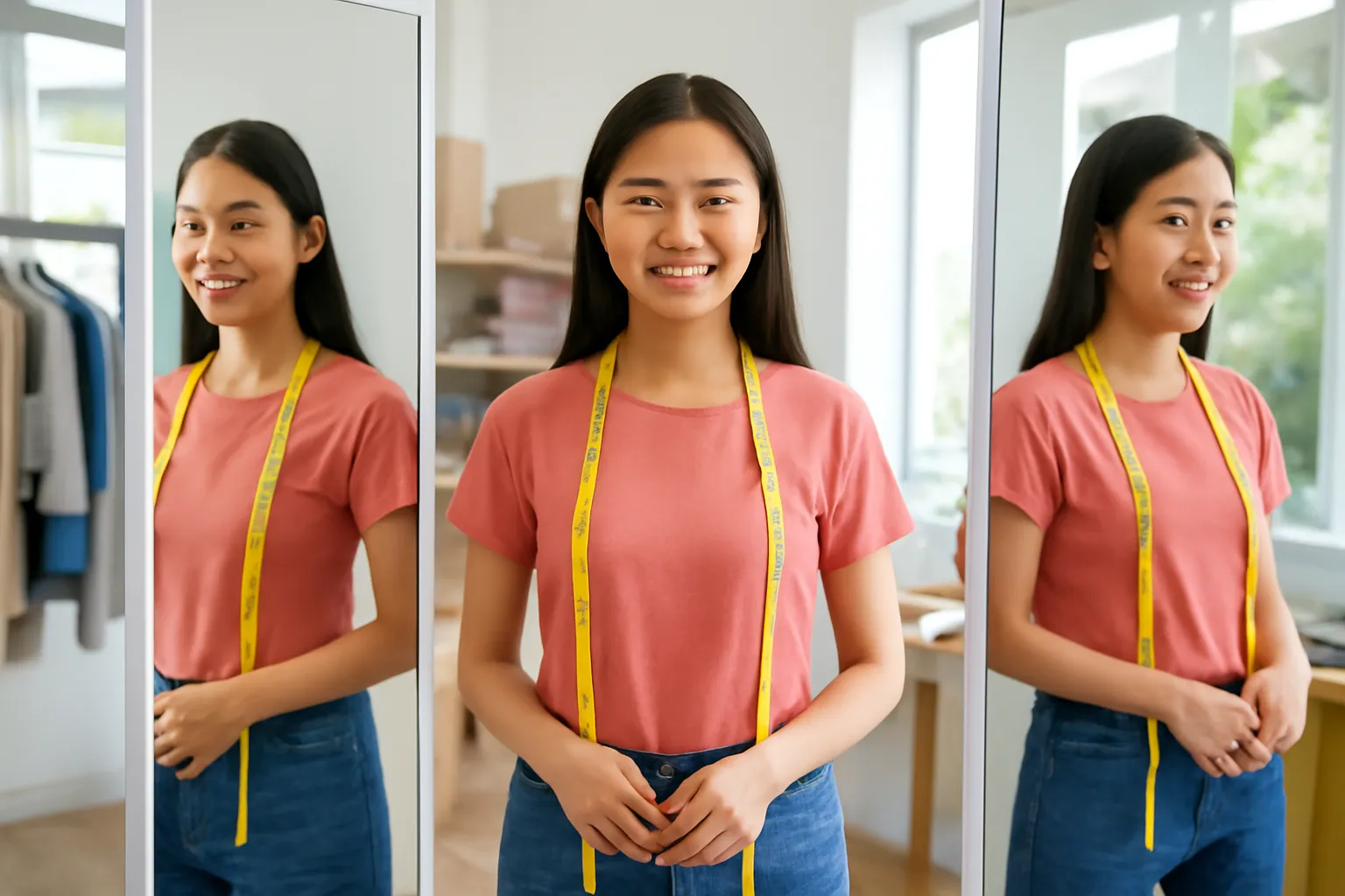 Người đứng giữa hai tấm gương soi ở tiệm may