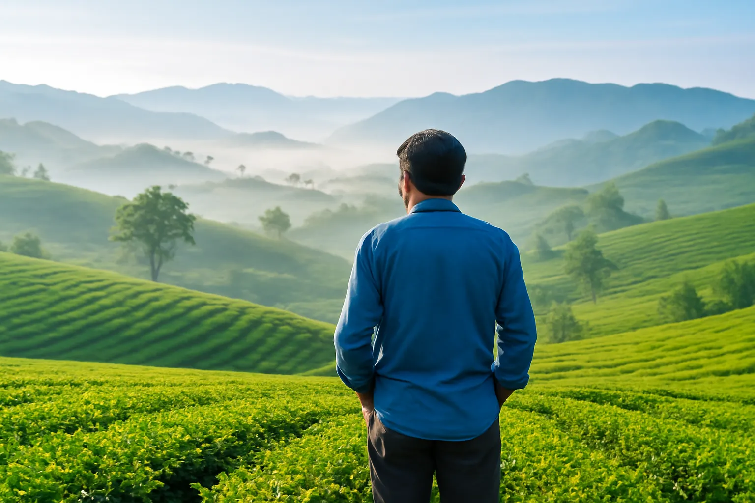 Người đàn ông trung niên đứng trên đồi chè buổi sớm nhìn ra xa